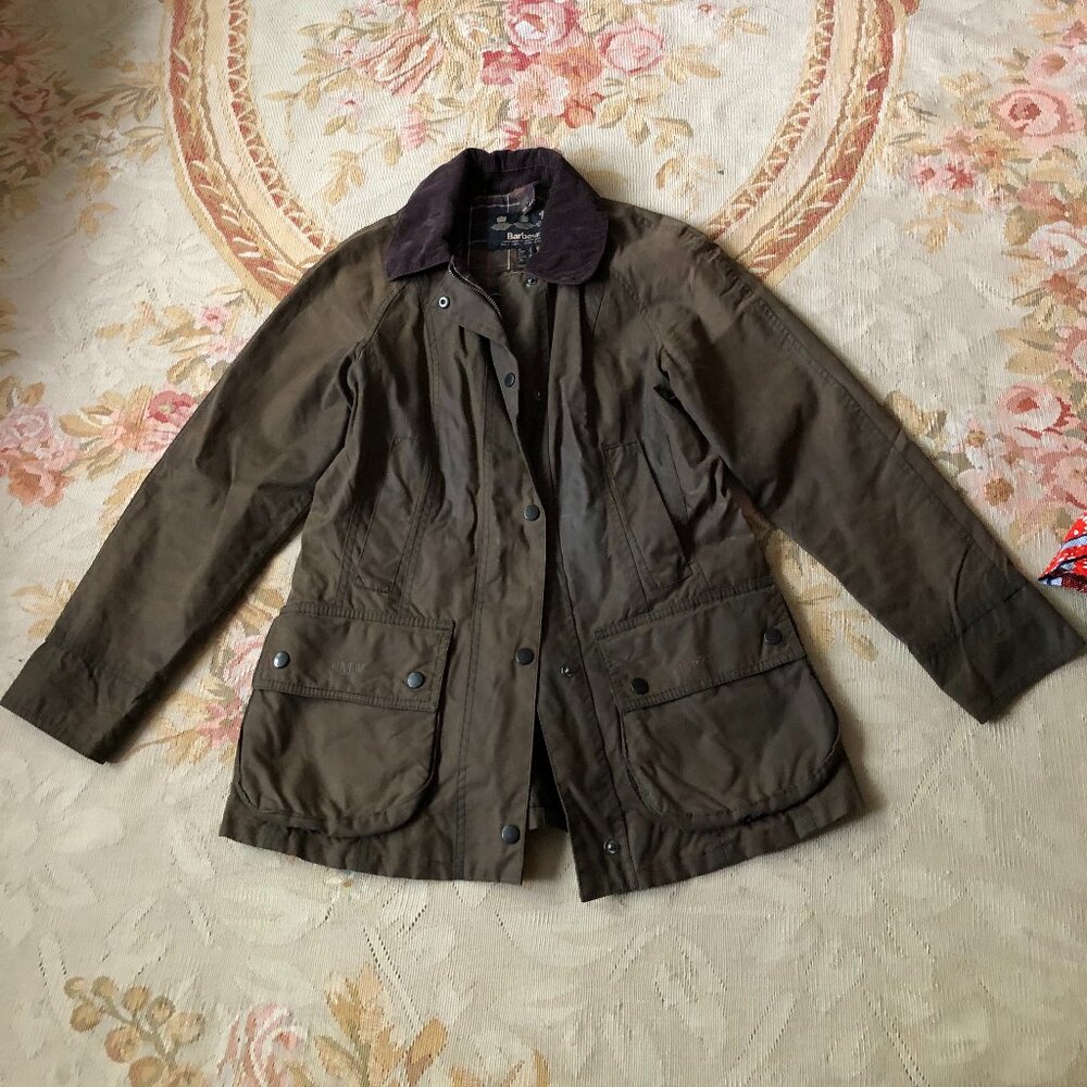 Classic Barbour Jacket with Waxed Canvas and Tartan Lining Size 4